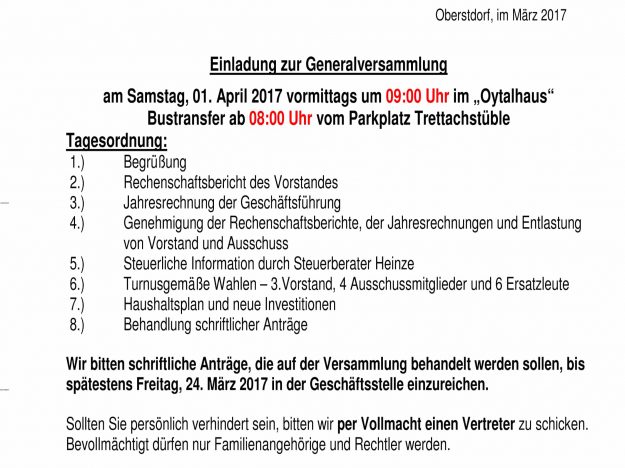 Einladung Generalversammlung 2017 Ladung zur Versammlung 2017