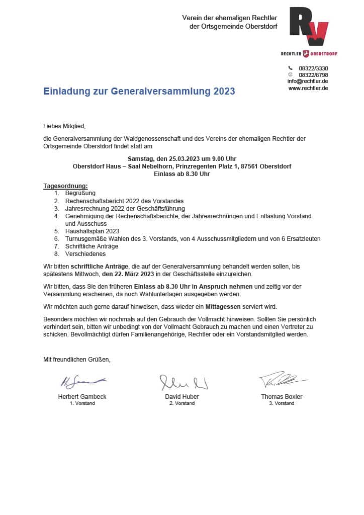 Einladung Generalversammlung 2023